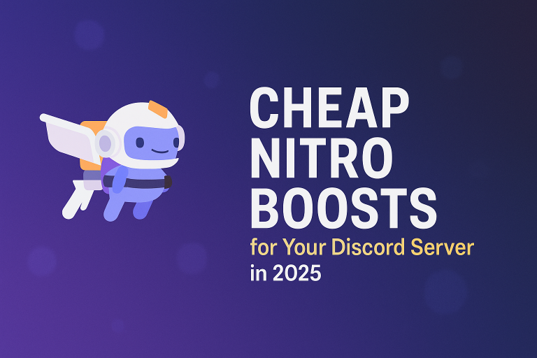Illustration of a cute Discord Nitro mascot flying with a jetpack next to bold text that reads 'Cheap Nitro Boosts for Your Discord Server in 2025' on a purple-to-blue gradient background