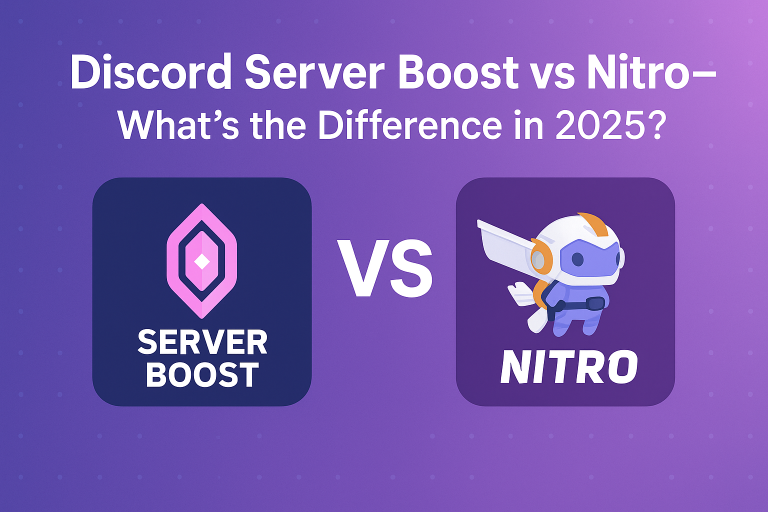 Graphic comparing Discord Server Boost and Nitro in 2025 with icons and bold title on a purple background.