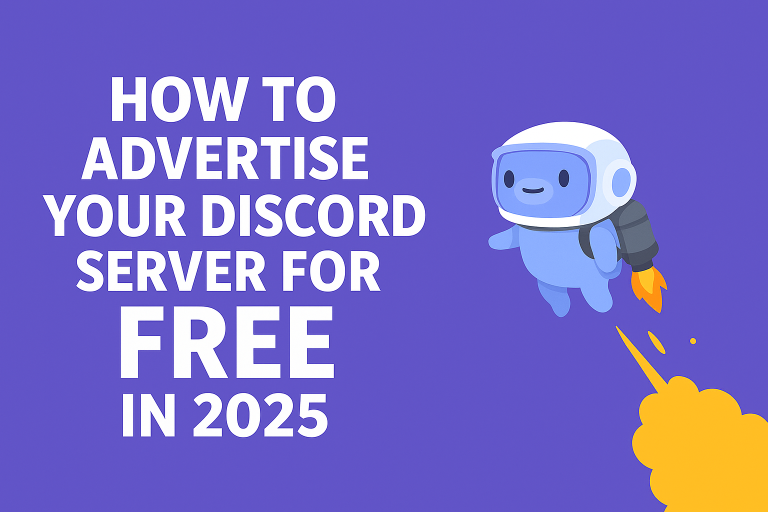 Discord mascot flying with a jetpack next to text about advertising a server for free in 2025.