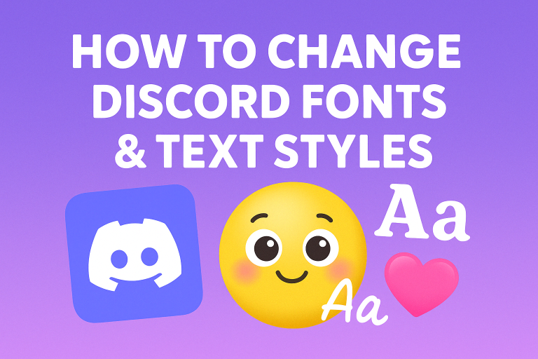 Cute tutorial thumbnail showing how to change Discord fonts, emojis, and text styles with Discord logo, emoji face, and Aa letters on a purple background