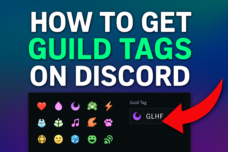 Tutorial image showing how to get Guild Tags on Discord with badge icons and a tag input field.