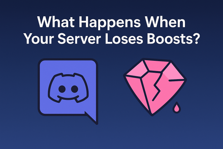 Digital illustration with the text "What Happens When Your Server Loses Boosts?" featuring the Discord logo on the left and a cracked pink gem on the right, set against a smooth blue gradient background.