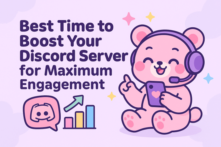 Cute pastel bear with headset boosting a Discord server, showing best time to boost for maximum engagement in 2025.