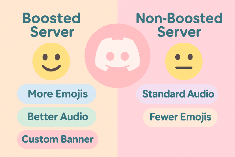 Cute comparison graphic of boosted vs non-boosted Discord servers showing emoji use, audio quality, and custom banners.