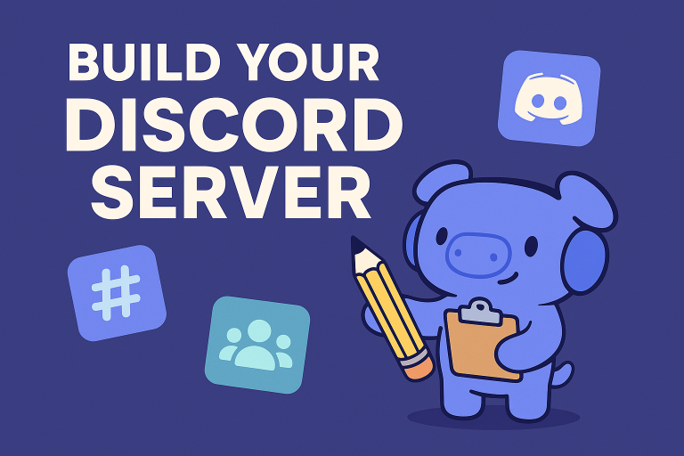 Cute Discord Wumpus holding a blueprint with gear icons and text "Build Your Discord Server"