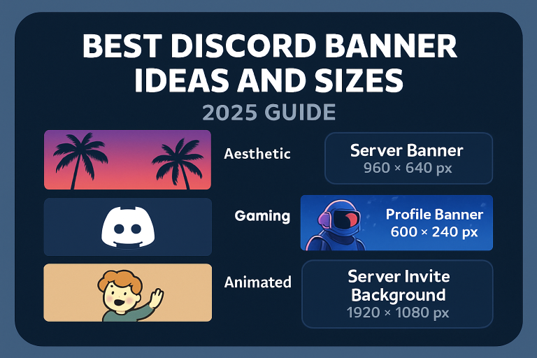A visual guide titled "Best Discord Banner Ideas and Sizes 2025" showing banner examples for aesthetic, gaming, and animated styles, with listed dimensions for server, profile, and invite banners.