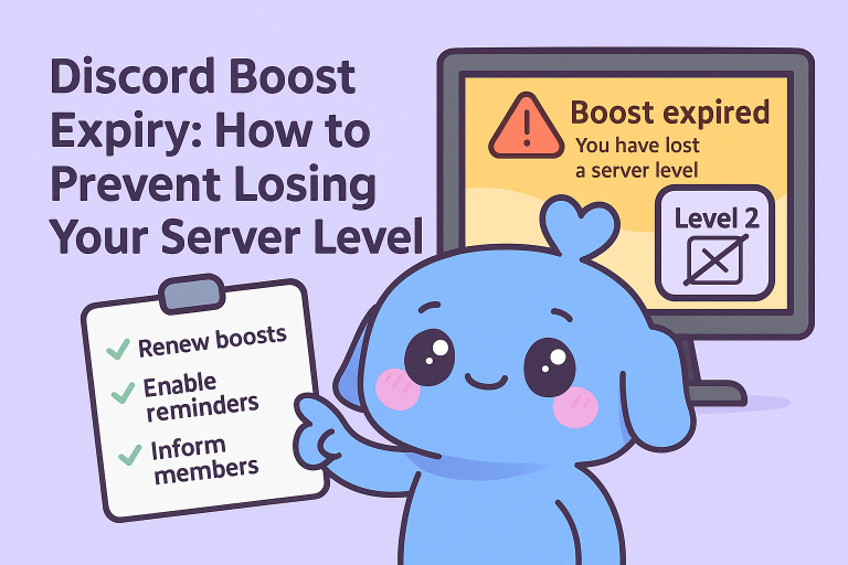 Discord boost expired warning showing server level loss and tips to prevent it.