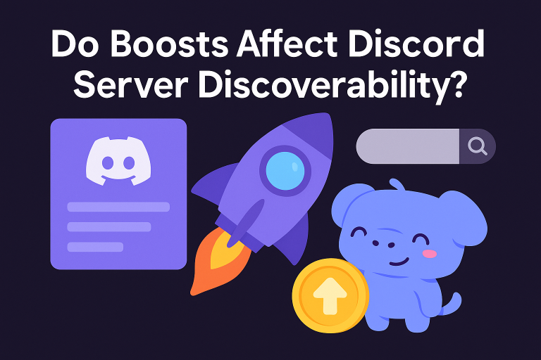 Cute illustration showing a rocket, Discord’s Wumpus, and a search bar with the question 'Do Boosts Affect Discord Server Discoverability?'
