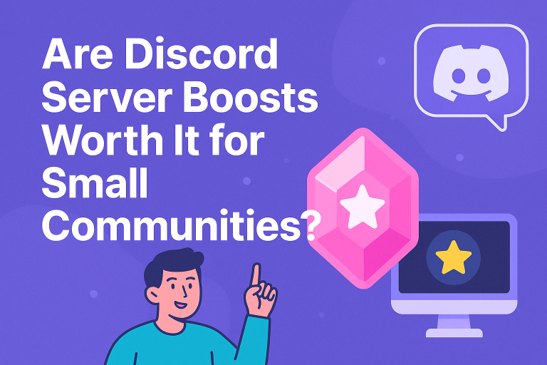 Are Discord Server Boosts Worth It for Small Communities? A purple-themed illustration showing a pink boost gem, Discord logo, and a user pointing at a screen.