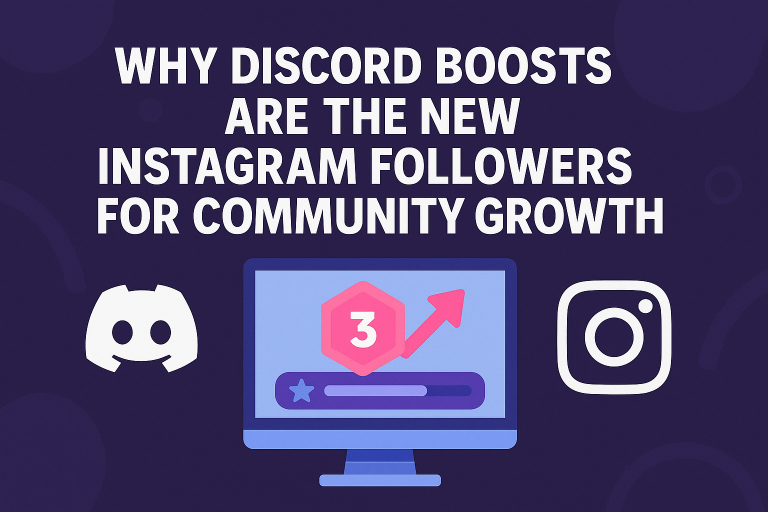 Graphic showing why Discord boosts are the new Instagram followers in 2025, featuring the Discord and Instagram logos, a monitor with a level 3 badge, and an upward arrow for growth.