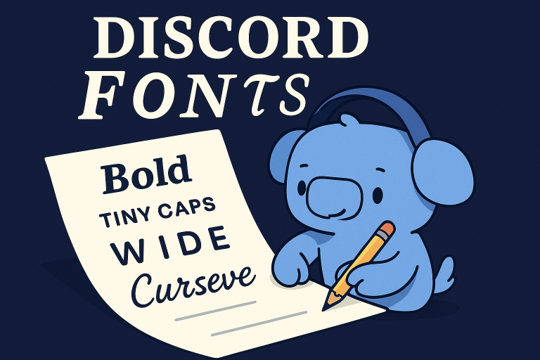 Cute Discord Wumpus drawing bold, tiny caps, wide, and cursive fonts on paper under the title "DISCORD FONTS"