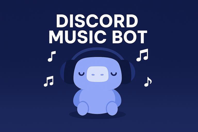 Cute Discord Wumpus with headphones and floating music notes under the title "DISCORD MUSIC BOT"