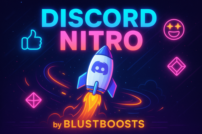 Rocket launching with Discord Nitro logo in a neon digital style, promoting Nitro perks and BlustBoosts in 2025