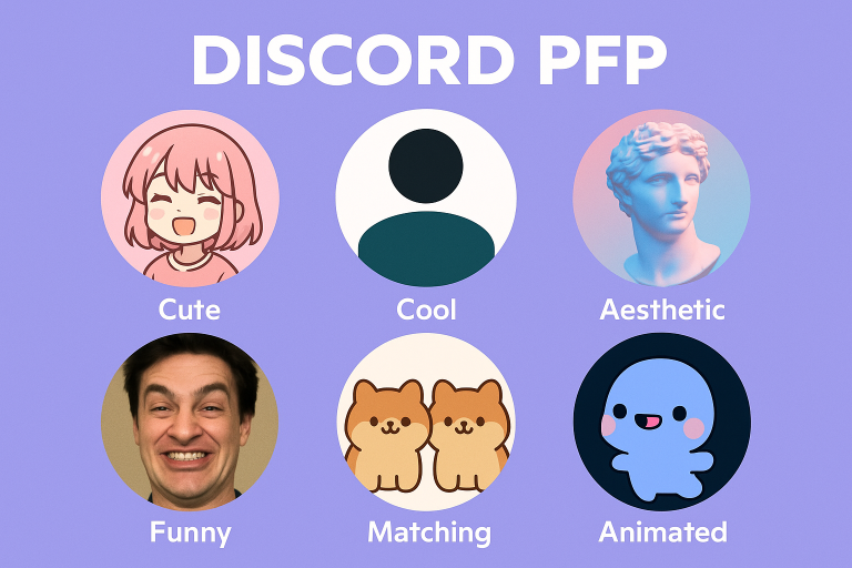 Grid of six popular Discord PFP examples including cute, cool, aesthetic, funny, matching, and animated profile pictures on a purple background