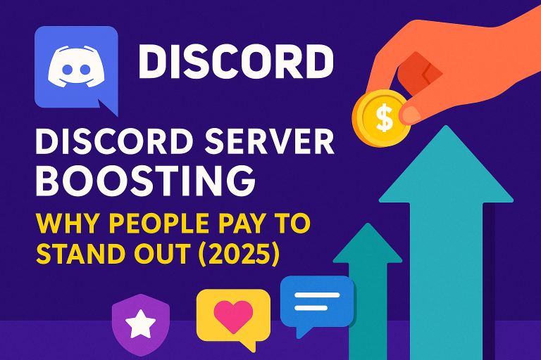 Illustration of Discord server boosting psychology in 2025, showing a hand placing a coin into upward arrows, with Discord logo, chat bubbles, and a heart icon symbolizing engagement and status.