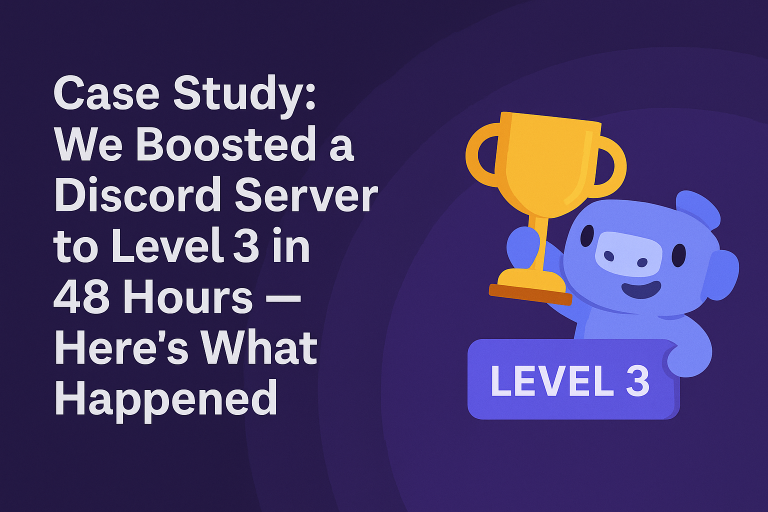 Discord mascot Wumpus holding a golden trophy next to a Level 3 badge, illustrating a case study of boosting a Discord server to Level 3 in 48 hours