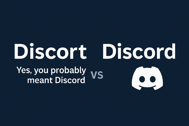 A comparison graphic showing the misspelled word "Discort" on the left and the correct word "Discord" with its logo on the right, separated by "vs" and a message saying "Yes, you probably meant Discord."