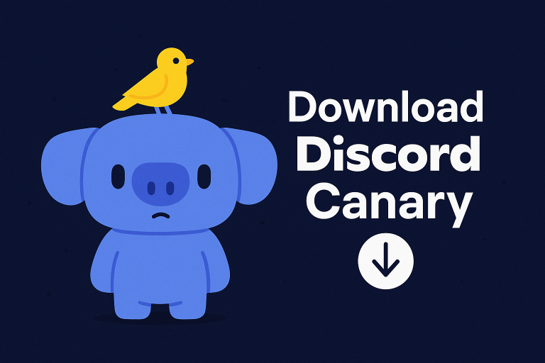 Cute Discord Wumpus with a yellow canary on its head and the text "Download Discord Canary".