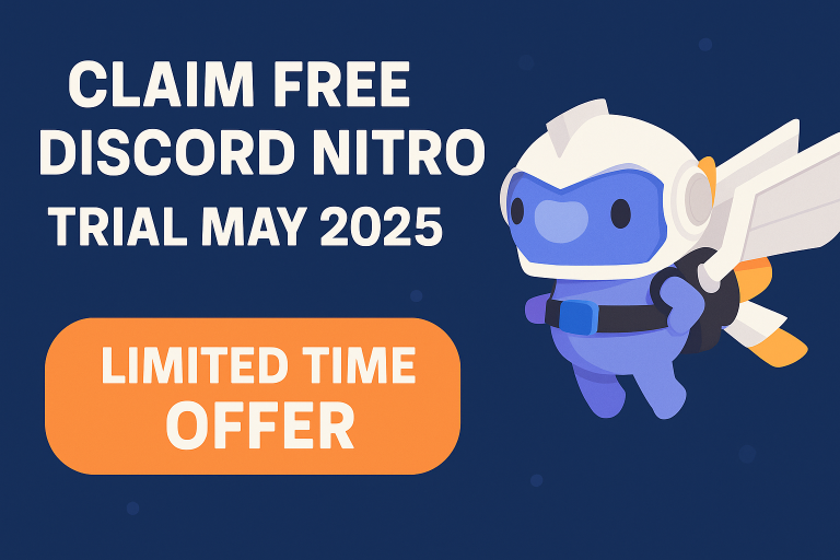 Free promo 1 month of Discord Nitro in May 2025 – limited-time offer with Discord mascot.