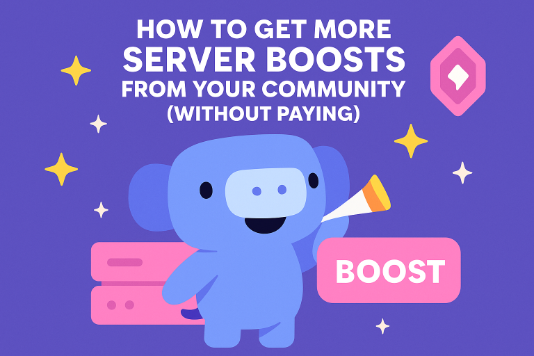 Cute Wumpus holding a boost button and party horn, surrounded by sparkles, next to a Discord server icon with the text “How to Get More Server Boosts from Your Community (Without Paying)” on a purple background.