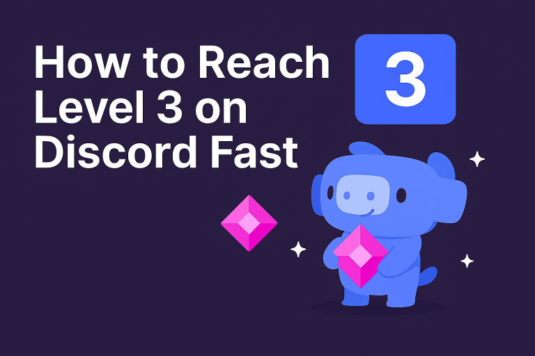 Discord mascot Wumpus holding a boost gem next to bold text that says “How to Reach Level 3 on Discord Fast” with stars and boost icons on a dark background.