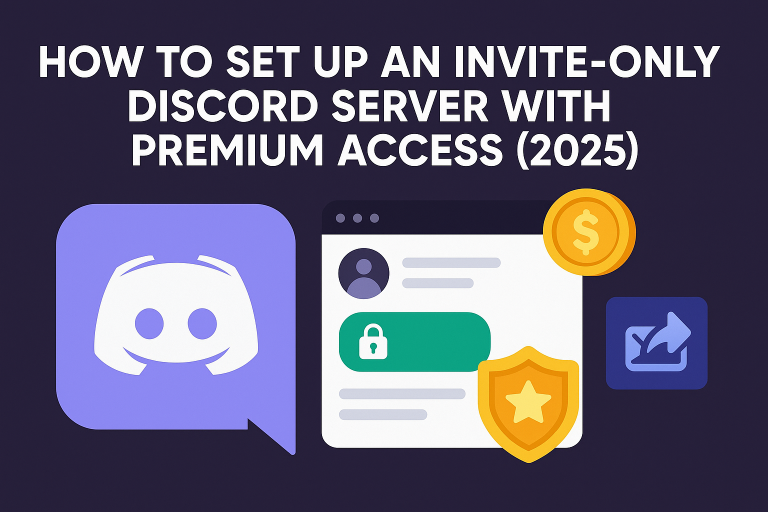 Banner showing how to set up an invite-only Discord server with premium access in 2025, featuring the Discord logo, secure access icons, a dollar coin, and a shield for exclusivity.