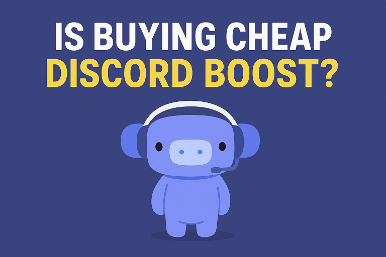 Illustration featuring the question "Is Buying Cheap Discord Boosts?" in bold text, with Discord’s mascot Wumpus wearing a headset beneath the text, all on a blue background.