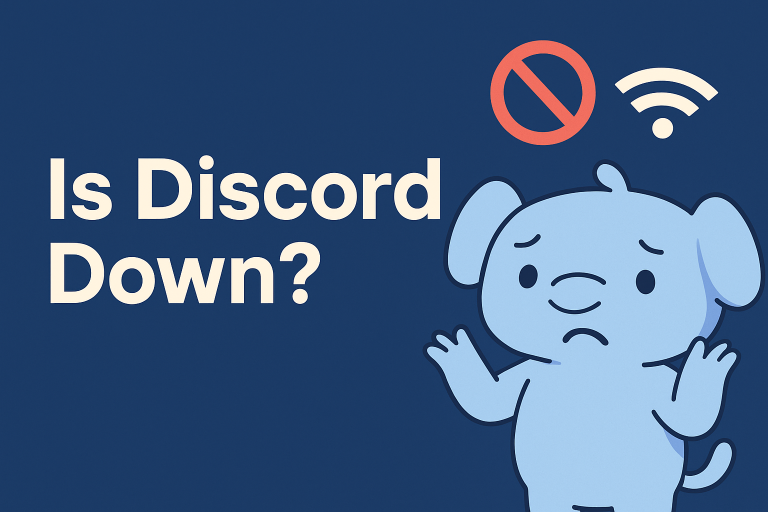 Cute Wumpus worried with text Is Discord Down? on dark blue background