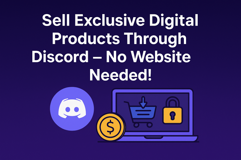 Illustration showing how to sell exclusive digital products through Discord without a website, featuring a Discord logo, shopping cart, and secure payment icon on a laptop.