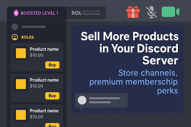 Boosted Discord server UI with product listings and premium feature banner