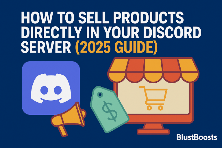 How to sell products directly in your Discord server – 2025 guide cover image with Discord logo, storefront, shopping cart, price tag, and megaphone.
