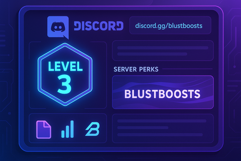 Futuristic digital illustration showing a Discord Level 3 badge, custom invite link, and server perks panel with BlustBoosts branding in neon colors