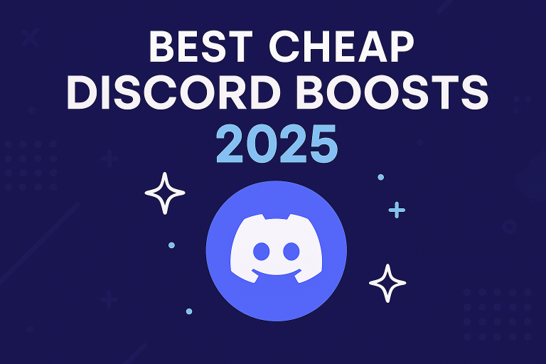 Promotional banner for Best Cheap Discord Boosts 2025 featuring cute icons and modern digital design.