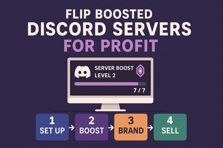 Visual guide to flip boosted Discord servers for profit, showing setup, boost, brand, and sell steps with server level graphic