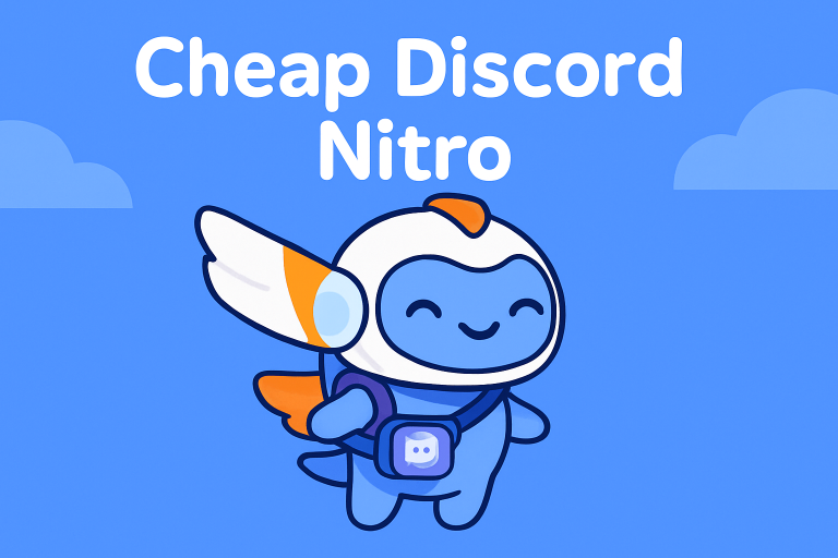 Cute Discord Nitro character with Cheap Discord Nitro title on blue background – 2025 promo image