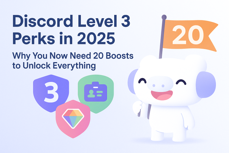 Discord Level 3 perks in 2025 – cartoon mascot holding a flag with number 20, showing new perks like name tags and colorful role styles.