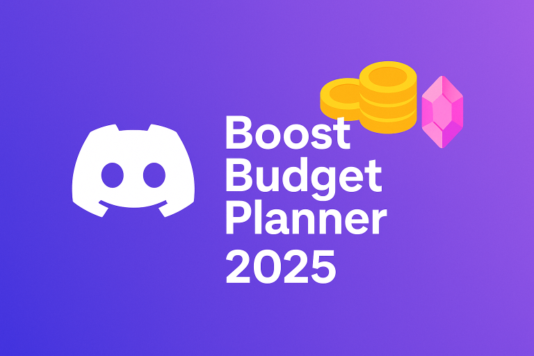 Simple Boost Budget Planner 2025 banner featuring the Discord logo, gold coins, and a pink boost crystal on a purple gradient background.