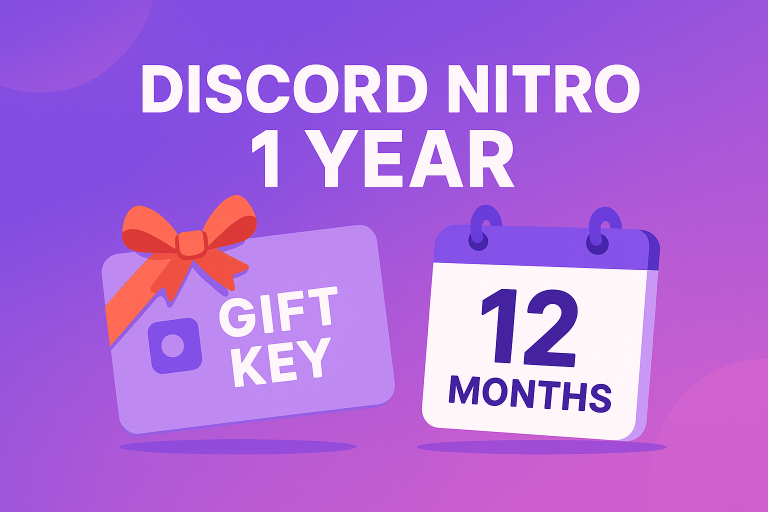 Discord Nitro 1 year gift key and 12 months calendar icon on a purple gradient background