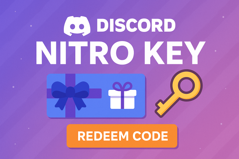 Discord Nitro key illustration showing a gift card, golden key, and redeem code button on a purple background