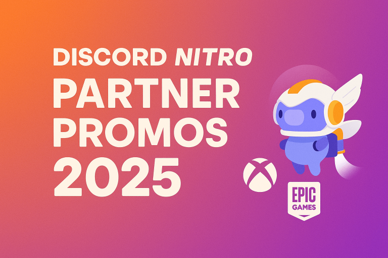 Discord Nitro Partner Promos 2025 banner with Discord logo, Nitro mascot, Xbox and Epic Games icons on an orange-purple gradient background.