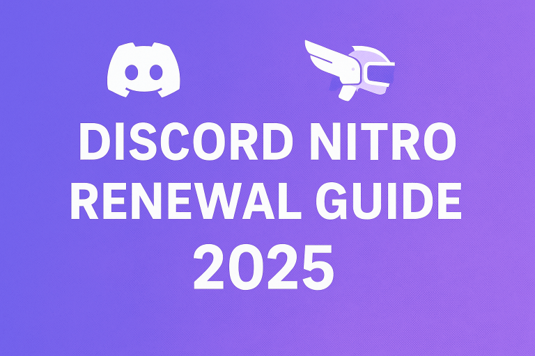 Discord Nitro Renewal Guide 2025 banner with Discord and Nitro icons on a purple background.