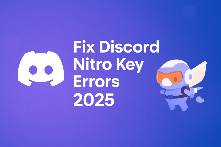 Cute banner for Fix Discord Nitro Key Errors 2025 featuring the Discord logo, Nitro mascot, and a soft purple-blue gradient background.