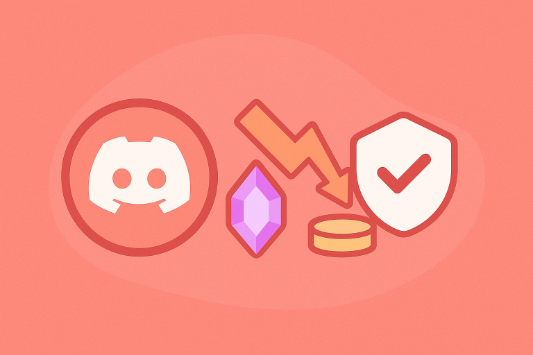 Post-Boost Maintenance 2025 banner featuring the Discord logo, boost crystal, falling arrow, and protective shield on a coral-orange background.