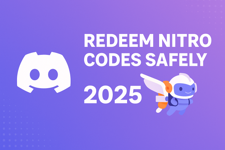 Cute banner for Redeem Discord Nitro Codes Safely 2025 featuring the Discord logo, Nitro mascot, and a purple-blue gradient background.