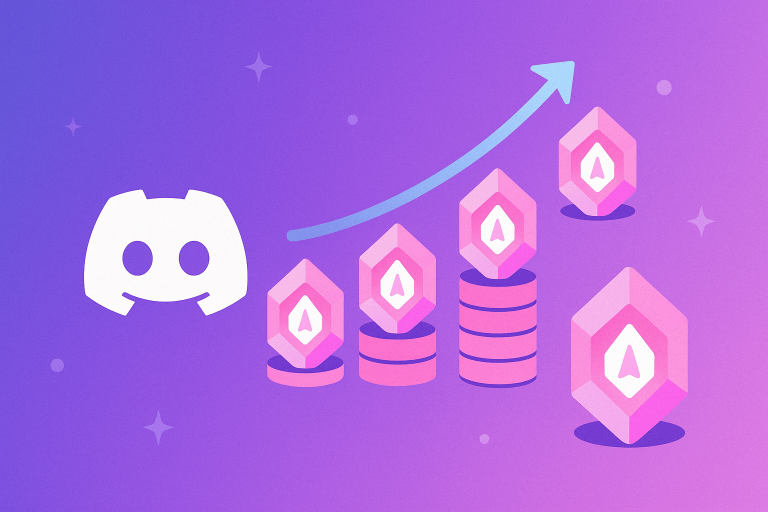 Minimal Discord Server Boost Slots 2025 banner with Discord logo, stacked pink boost icons, and upward arrow on a purple gradient background.