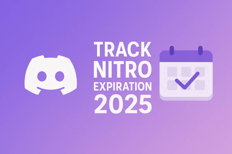 Track Discord Nitro expiration 2025 banner featuring the Discord logo, calendar icon, and a purple gradient background.