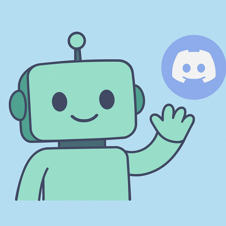 Cute simple illustration of a friendly Discord bot waving on a light blue background.