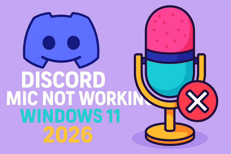 Discord mic not working on Windows 11 with colorful microphone error illustration in 2026