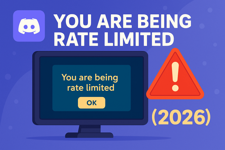Discord you are being rate limited warning with advanced rate limit error illustration in 2026
