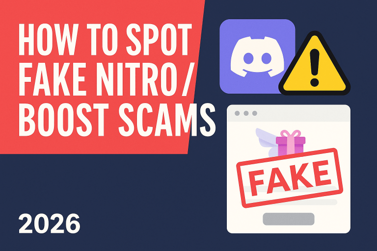 How to spot fake Discord Nitro and Boost scams with warning illustration in 2026